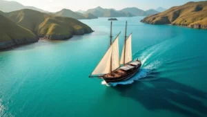 Phinisi liveaboard on a Komodo island cruise sailing past the hills of Komodo National Park at golden hour